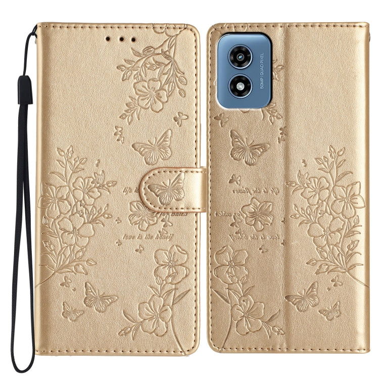 For Motorola Moto G Play 5G 2024 Butterflies and Flowers Leather Phone Case(Gold) by buy2fix