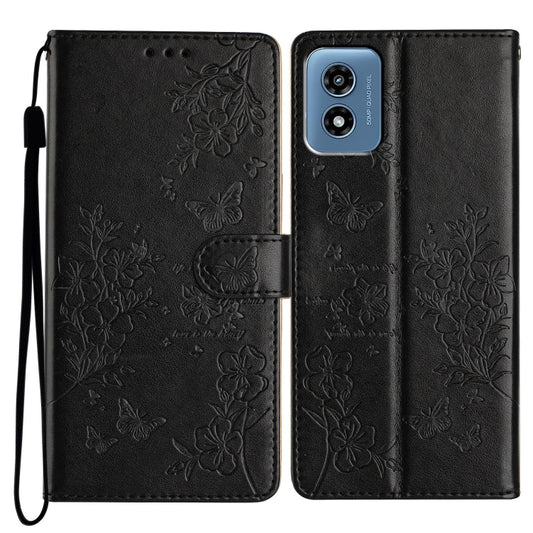 For Motorola Moto G Play 5G 2024 Butterflies and Flowers Leather Phone Case(Black) by buy2fix