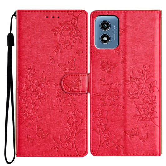 For Motorola Moto G Play 5G 2024 Butterflies and Flowers Leather Phone Case(Red) by buy2fix