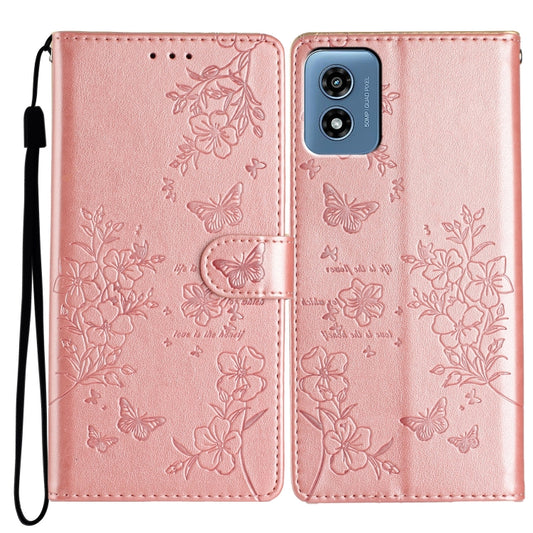 For Motorola Moto G Play 5G 2024 Butterflies and Flowers Leather Phone Case(Rose Gold) by buy2fix