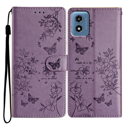 For Motorola Moto G Play 5G 2024 Butterflies and Flowers Leather Phone Case(Purple) by buy2fix