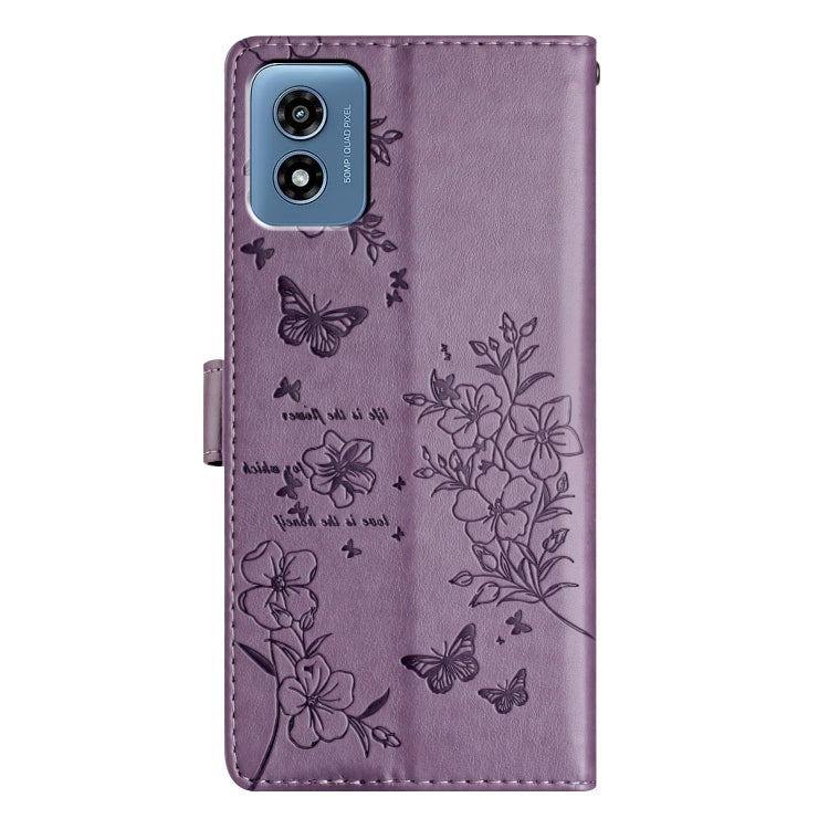 For Motorola Moto G Play 5G 2024 Butterflies and Flowers Leather Phone Case(Purple) by buy2fix