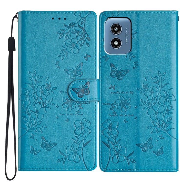 For Motorola Moto G Play 5G 2024 Butterflies and Flowers Leather Phone Case(Blue) by buy2fix