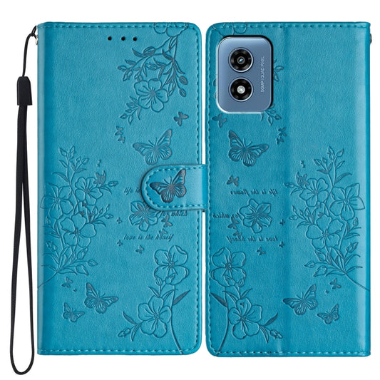 For Motorola Moto G Play 5G 2024 Butterflies and Flowers Leather Phone Case(Blue) by buy2fix