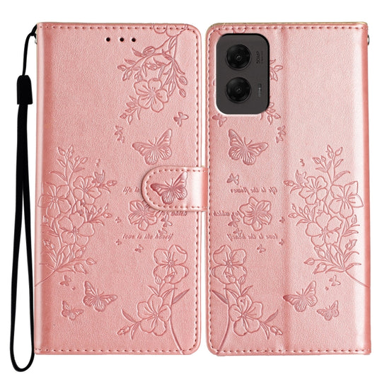For Motorola Moto G Stylus 5G 2024 Butterflies and Flowers Leather Phone Case(Rose Gold) by buy2fix