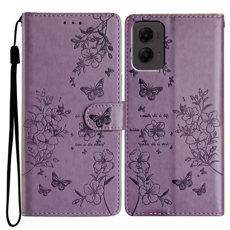 For Motorola Moto G Stylus 5G 2024 Butterflies and Flowers Leather Phone Case(Purple) by buy2fix