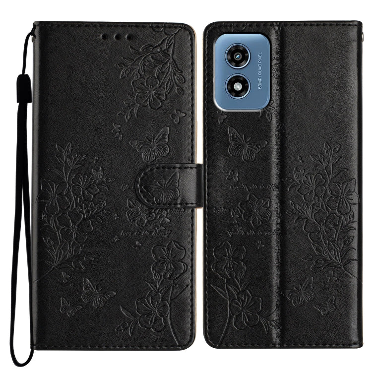 For Motorola Moto G Play 2024 Butterflies and Flowers Leather Phone Case(Black) by buy2fix