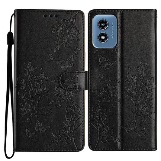 For Motorola Moto G Play 2024 Butterflies and Flowers Leather Phone Case(Black) by buy2fix