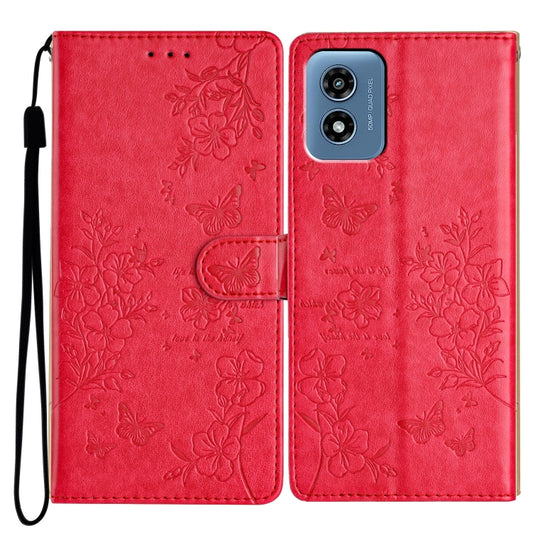 For Motorola Moto G Play 2024 Butterflies and Flowers Leather Phone Case(Red) by buy2fix