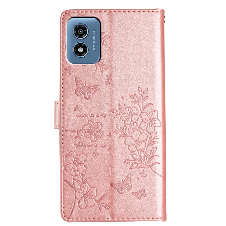 For Motorola Moto G Play 2024 Butterflies and Flowers Leather Phone Case(Rose Gold) by buy2fix