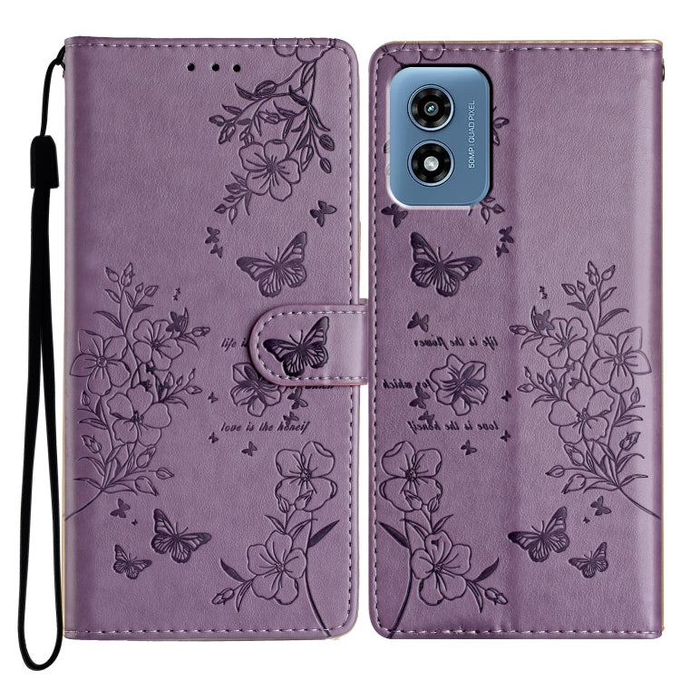 For Motorola Moto G Play 2024 Butterflies and Flowers Leather Phone Case(Purple) by buy2fix