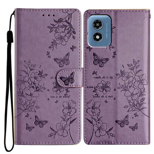 For Motorola Moto G Play 2024 Butterflies and Flowers Leather Phone Case(Purple) by buy2fix