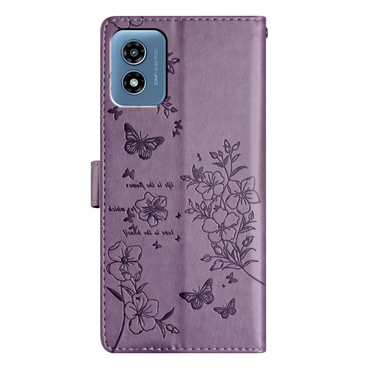 For Motorola Moto G Play 2024 Butterflies and Flowers Leather Phone Case(Purple) by buy2fix