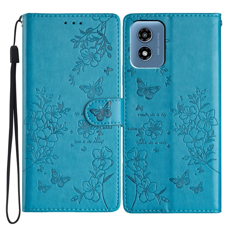 For Motorola Moto G Play 2024 Butterflies and Flowers Leather Phone Case(Blue) by buy2fix