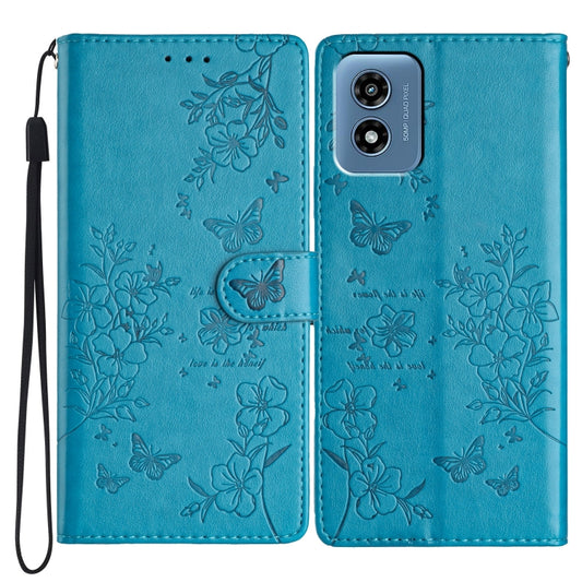 For Motorola Moto G Play 2024 Butterflies and Flowers Leather Phone Case(Blue) by buy2fix