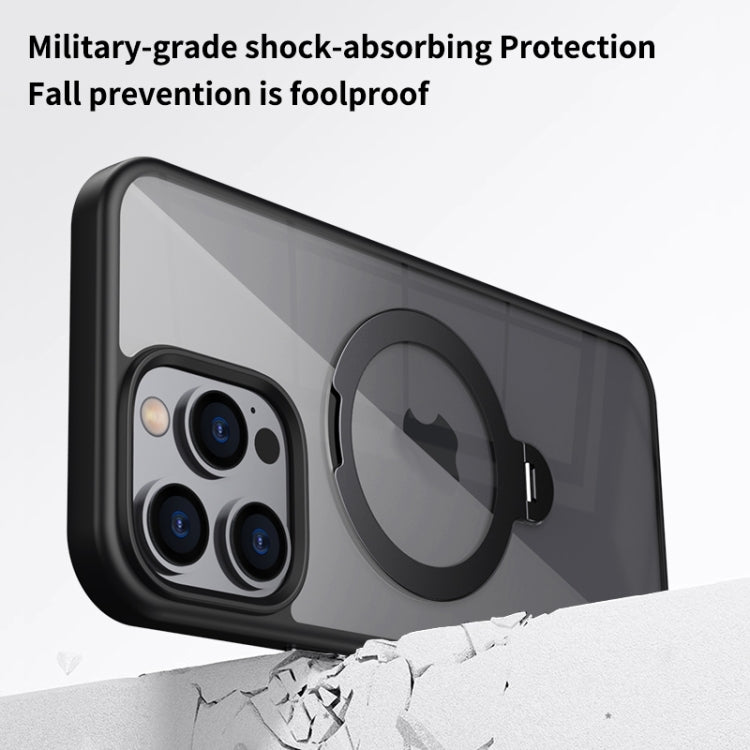 For iPhone 14 Transparent MagSafe Magnetic Rotating Ring Holder Phone Case(Black) by buy2fix