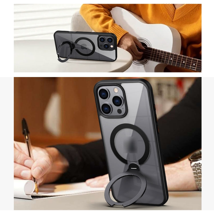 For iPhone 13 Transparent MagSafe Magnetic Rotating Ring Holder Phone Case(Black) by buy2fix