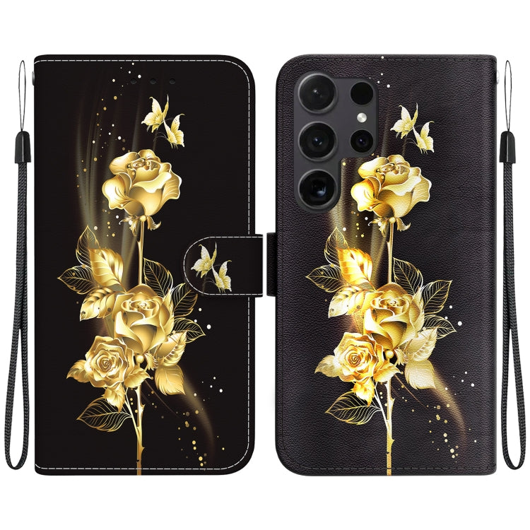 For Samsung Galaxy S25 Ultra 5G Crystal Texture Colored Drawing Leather Phone Case(Gold Butterfly Rose) by buy2fix