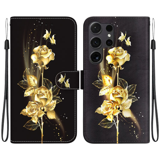 For Samsung Galaxy S25 Ultra 5G Crystal Texture Colored Drawing Leather Phone Case(Gold Butterfly Rose) by buy2fix