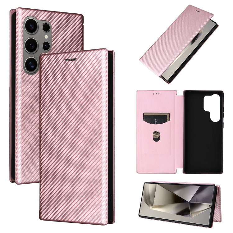 For Samsung Galaxy S25 Ultra 5G Carbon Fiber Texture Flip Leather Phone Case(Pink) by buy2fix