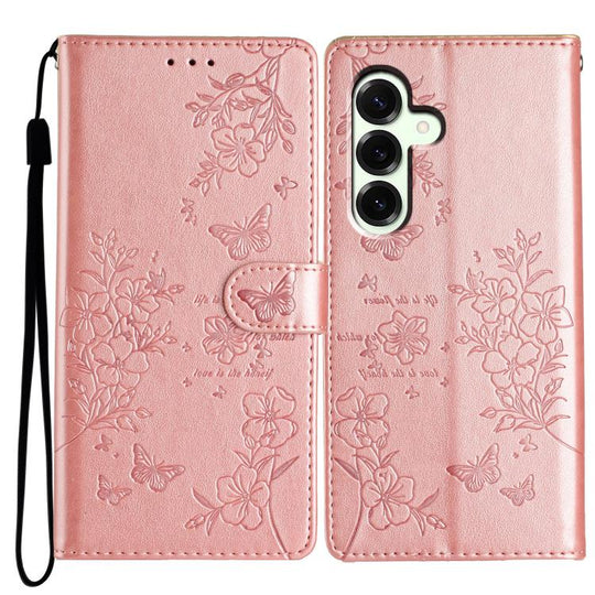 For Samsung Galaxy S25 FE 5G Butterflies and Flowers Leather Phone Case(Rose Gold)