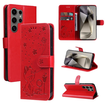 For Samsung Galaxy S25 Ultra 5G Cat and Bee Embossed Flip Leather Phone Case(Red) by buy2fix