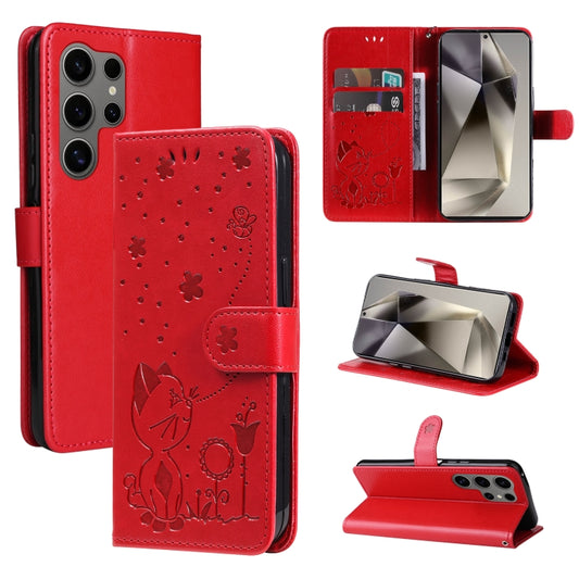 For Samsung Galaxy S25 Ultra 5G Cat and Bee Embossed Flip Leather Phone Case(Red) by buy2fix