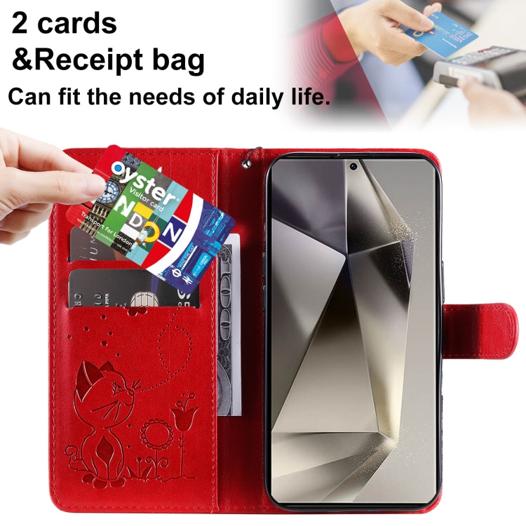 For Samsung Galaxy S25 Ultra 5G Cat and Bee Embossed Flip Leather Phone Case(Red) by buy2fix