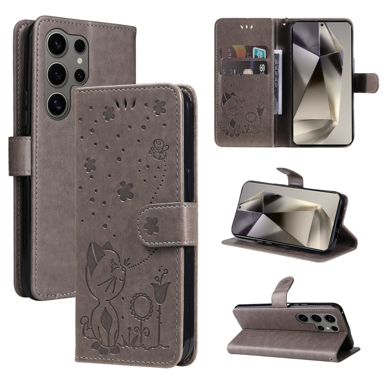 For Samsung Galaxy S25 Ultra 5G Cat and Bee Embossed Flip Leather Phone Case(Grey) by buy2fix