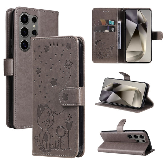 For Samsung Galaxy S25 Ultra 5G Cat and Bee Embossed Flip Leather Phone Case(Grey) by buy2fix