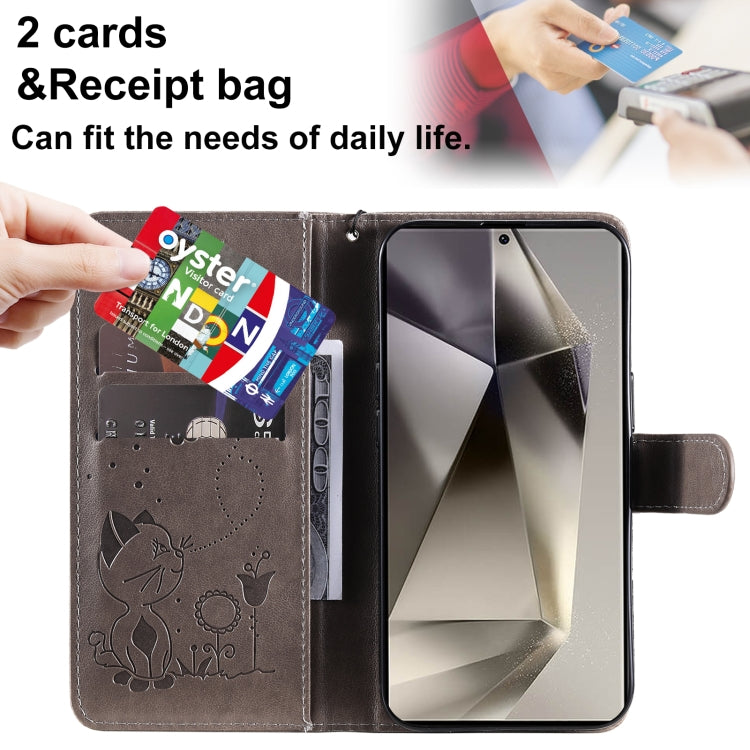 For Samsung Galaxy S25 Ultra 5G Cat and Bee Embossed Flip Leather Phone Case(Grey) by buy2fix