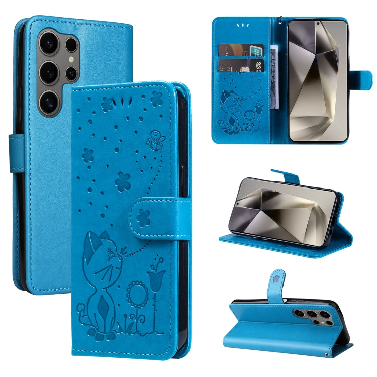 For Samsung Galaxy S25 Ultra 5G Cat and Bee Embossed Flip Leather Phone Case(Blue) by buy2fix