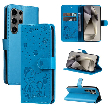 For Samsung Galaxy S25 Ultra 5G Cat and Bee Embossed Flip Leather Phone Case(Blue) by buy2fix