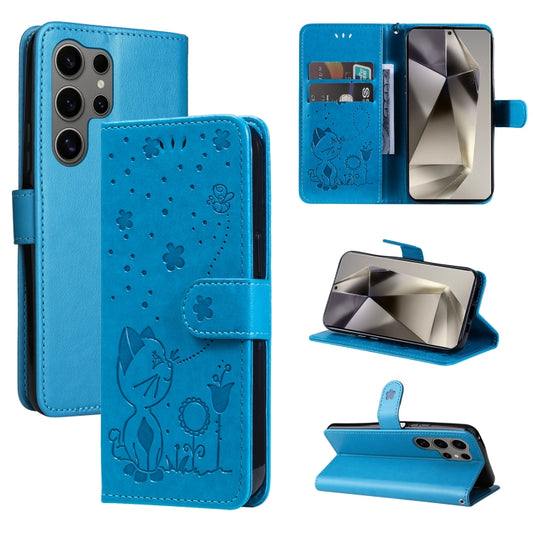 For Samsung Galaxy S25 Ultra 5G Cat and Bee Embossed Flip Leather Phone Case(Blue) by buy2fix