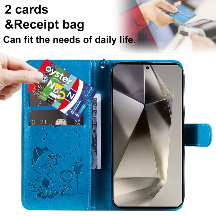 For Samsung Galaxy S25 Ultra 5G Cat and Bee Embossed Flip Leather Phone Case(Blue) by buy2fix