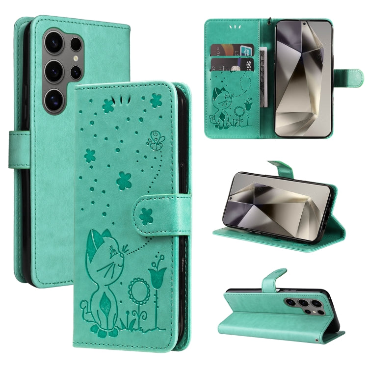 For Samsung Galaxy S25 Ultra 5G Cat and Bee Embossed Flip Leather Phone Case(Green) by buy2fix