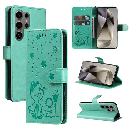 For Samsung Galaxy S25 Ultra 5G Cat and Bee Embossed Flip Leather Phone Case(Green) by buy2fix