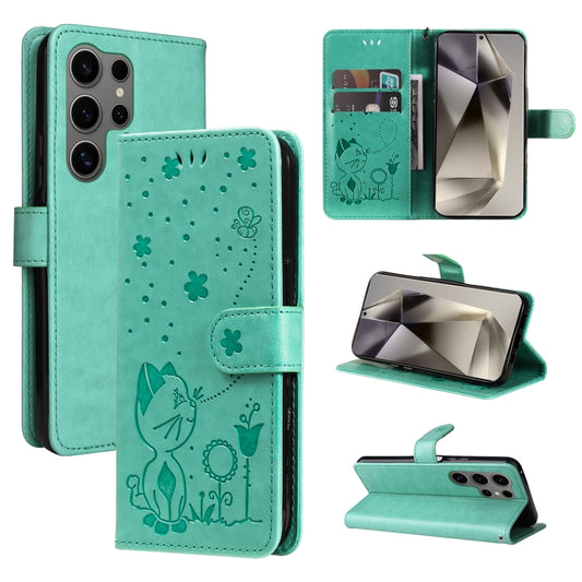 For Samsung Galaxy S25 Ultra 5G Cat and Bee Embossed Flip Leather Phone Case(Green) by buy2fix