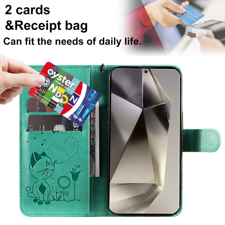 For Samsung Galaxy S25 Ultra 5G Cat and Bee Embossed Flip Leather Phone Case(Green) by buy2fix