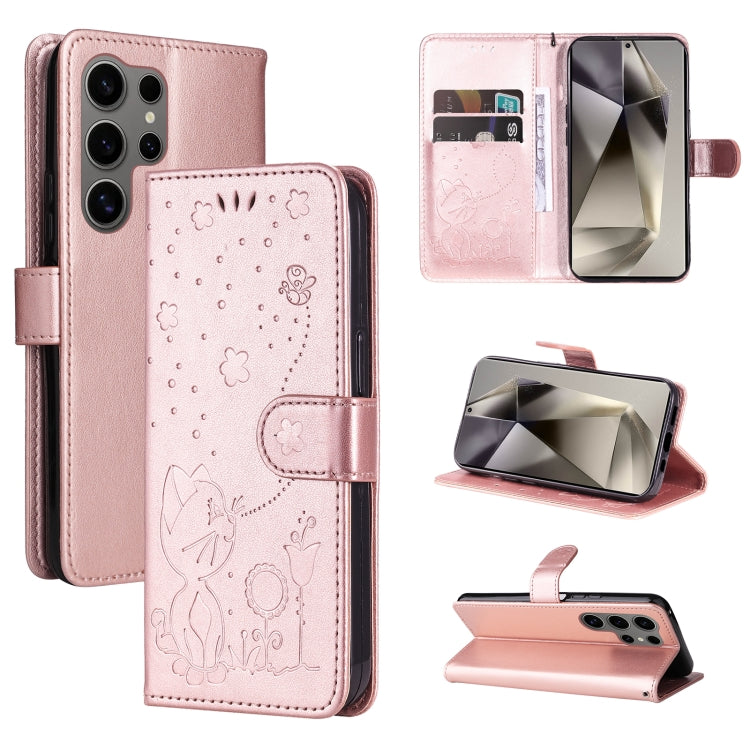 For Samsung Galaxy S25 Ultra 5G Cat and Bee Embossed Flip Leather Phone Case(Rose Gold) by buy2fix
