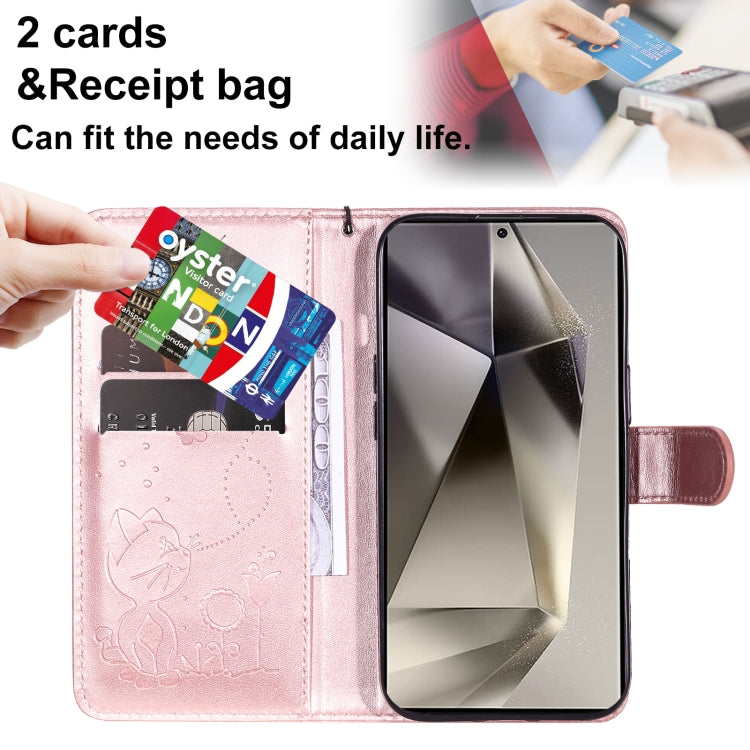 For Samsung Galaxy S25 Ultra 5G Cat and Bee Embossed Flip Leather Phone Case(Rose Gold) by buy2fix