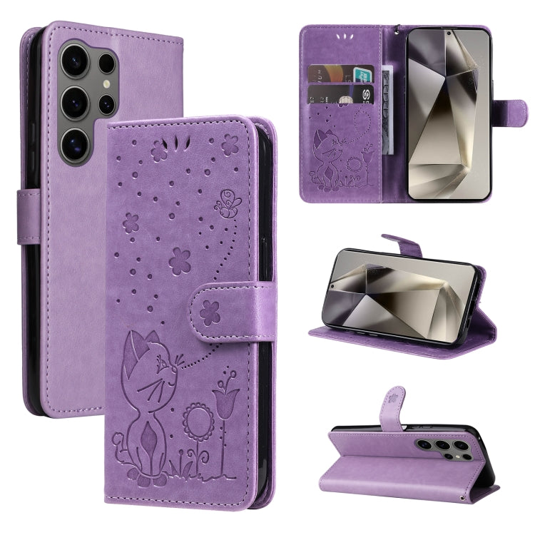 For Samsung Galaxy S25 Ultra 5G Cat and Bee Embossed Flip Leather Phone Case(Purple) by buy2fix