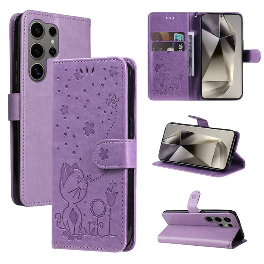 For Samsung Galaxy S25 Ultra 5G Cat and Bee Embossed Flip Leather Phone Case(Purple) by buy2fix