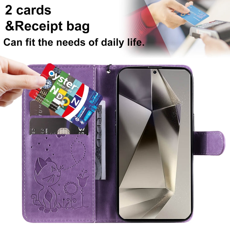 For Samsung Galaxy S25 Ultra 5G Cat and Bee Embossed Flip Leather Phone Case(Purple) by buy2fix
