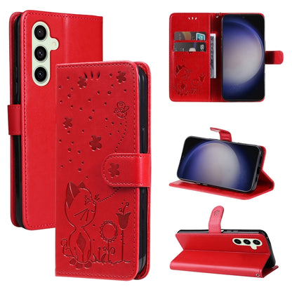 For Samsung Galaxy S25 / S24 5G Cat and Bee Embossed Flip Leather Phone Case(Red) by buy2fix