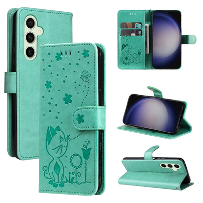 For Samsung Galaxy S25 / S24 5G Cat and Bee Embossed Flip Leather Phone Case(Green) by buy2fix
