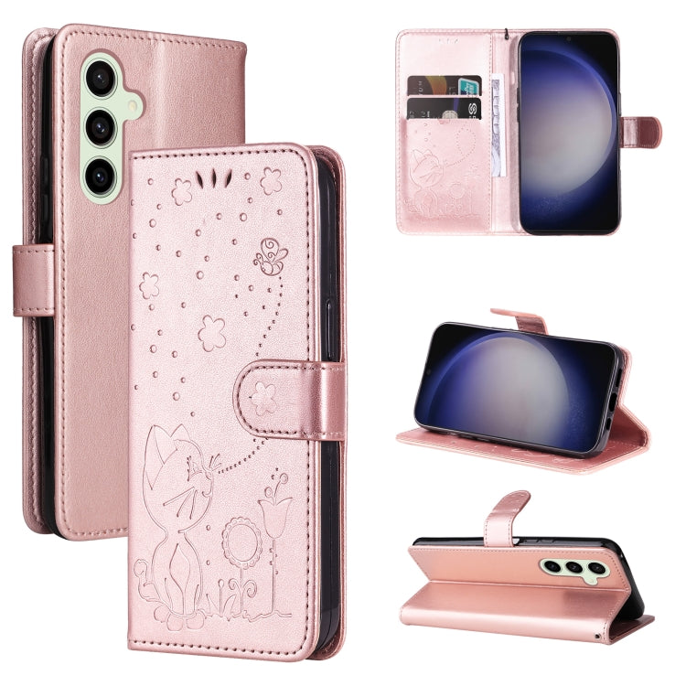 For Samsung Galaxy S25 / S24 5G Cat and Bee Embossed Flip Leather Phone Case(Rose Gold) by buy2fix