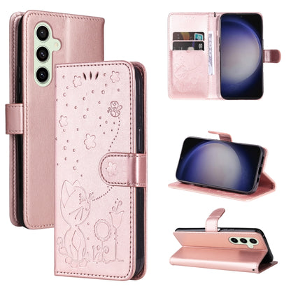 For Samsung Galaxy S25 / S24 5G Cat and Bee Embossed Flip Leather Phone Case(Rose Gold) by buy2fix