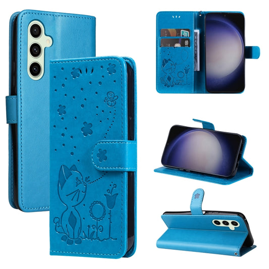 For Samsung Galaxy S25+ / S24+ 5G Cat and Bee Embossed Flip Leather Phone Case(Blue) by buy2fix