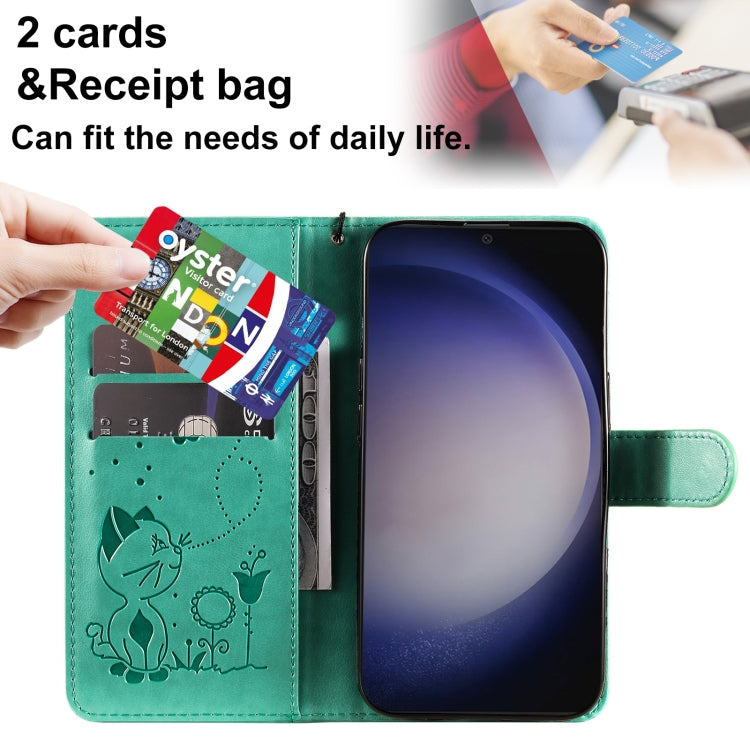 For Samsung Galaxy S25+ / S24+ 5G Cat and Bee Embossed Flip Leather Phone Case(Green) by buy2fix